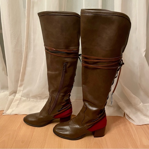 Brown & Red Knee High Lace Up Boots Size 7 - Picture 2 of 7